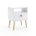 Stolik nocny BOHO z szufladą na wysokich drewnianych nogach biały