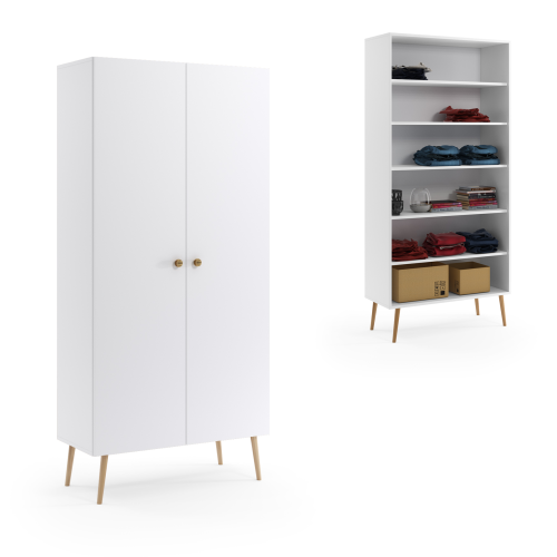 Szafa BOHO na drewnianych nogach - 5 półek - Biały mat