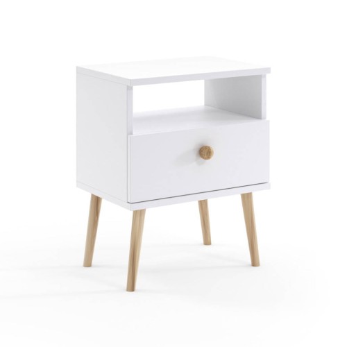 Stolik nocny BOHO z szufladą na wysokich drewnianych nogach biały
