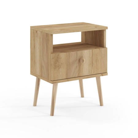 Stolik nocny BOHO z szufladą na wysokich drewnianych nogach dąb craft