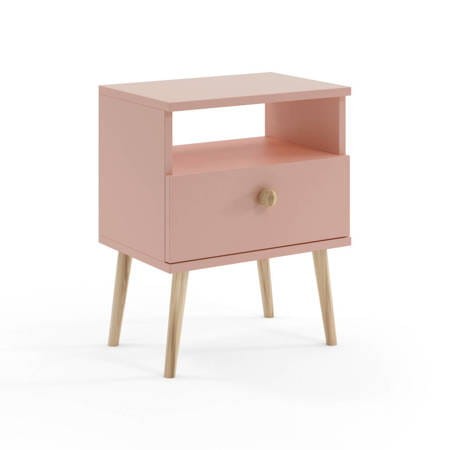 Stolik nocny BOHO z szufladą na wysokich drewnianych nogach Róż naturalny