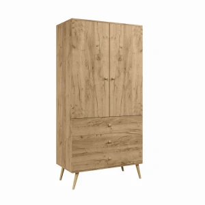 Szafa BOHO na drewnianych nogach - 3 szuflady i drążek - Dąb Craft
