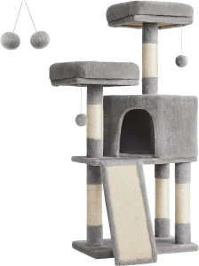 DRAPAK, DRZEWKO DLA KOTA - 2 LEGOWISKA I DOMEK - JASNOSZARY - WYSOKOŚĆ 115 CM - STABILNY