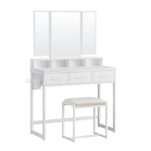 TOALETKA Z POTRÓJNYM LUSTREM I STOŁKIEM – BIAŁA - 141 x 90 x 40 cm