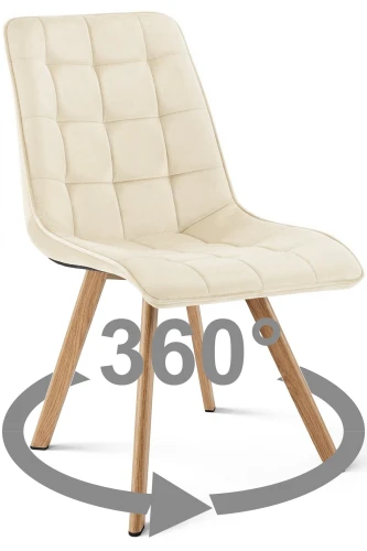 Krzesło CIEZA 360° jasnobeżowe – obrotowe, welur, siedzisko na wys. 52 cm, na metalowych nogach w dekorze dębu