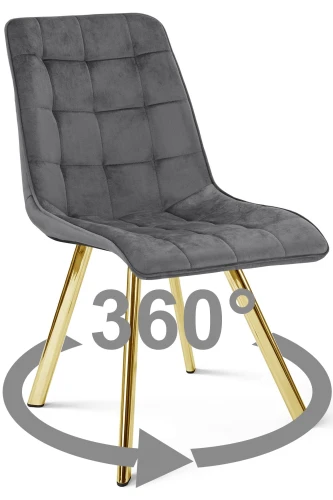 Krzesło CIEZA 360° ciemnoszare – obrotowe, welur, siedzisko na wys. 52 cm, na złotych metalowych nogach