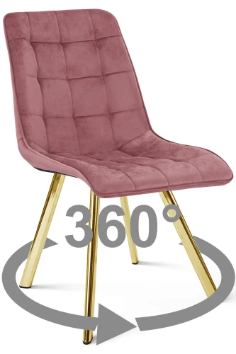 Krzesło CIEZA 360° ciemnoróżowe – obrotowe, welur, siedzisko na wys. 52 cm, na złotych metalowych nogach
