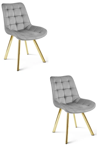 2 krzesła jadalniane SORIA jasnoszare – welur, siedzisko 53 cm, na złotych metalowych nogach