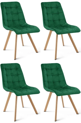Komplet 4 krzeseł CIEZA zielone – welur, szerokość 49 cm, na metalowych nogach w dekorze dębu