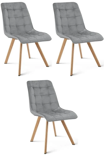 3 krzesła CIEZA jasnoszare – welurowa tapicerka, na metalowych nogach w dekorze dębu, do jadalni