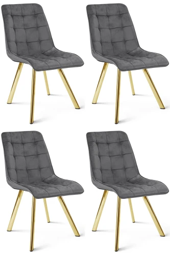 Komplet 4 krzeseł CIEZA ciemnoszare – welur, szerokość 49 cm, na złotych metalowych nogach