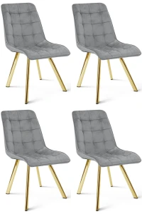 Komplet 4 krzeseł CIEZA jasnoszare – welur, szerokość 49 cm, na złotych metalowych nogach