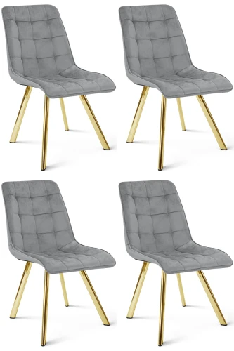 Komplet 4 krzeseł CIEZA jasnoszare – welur, szerokość 49 cm, na złotych metalowych nogach
