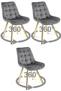 3 krzesła SORIA 360° ciemnoszare – obrotowe siedziska, welur, na złotych metalowych nogach