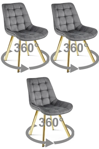 3 krzesła SORIA 360° ciemnoszare – obrotowe siedziska, welur, na złotych metalowych nogach