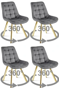 Zestaw 4 krzeseł obrotowych SORIA 360° – ciemnoszare, welur, na złotych metalowych nogach