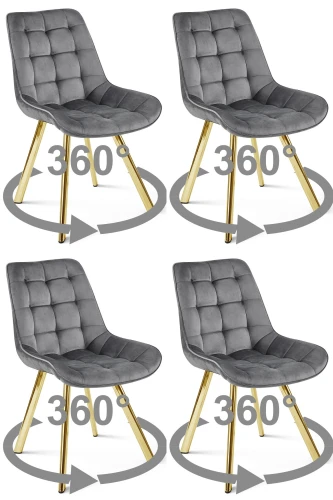 Zestaw 4 krzeseł obrotowych SORIA 360° – ciemnoszare, welur, na złotych metalowych nogach