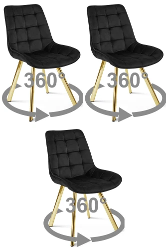 3 krzesła SORIA 360° czarne – obrotowe siedziska, welur, na złotych metalowych nogach