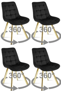 Zestaw 4 krzeseł obrotowych SORIA 360° – czarne, welur, na złotych metalowych nogach