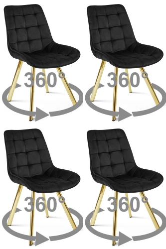 Zestaw 4 krzeseł obrotowych SORIA 360° – czarne, welur, na złotych metalowych nogach