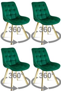 Zestaw 4 krzeseł obrotowych SORIA 360° – zielone, welur, na złotych metalowych nogach