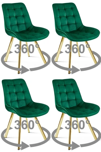 Zestaw 4 krzeseł obrotowych SORIA 360° – zielone, welur, na złotych metalowych nogach