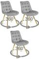 3 krzesła SORIA 360° jasnoszare – obrotowe siedziska, welur, na złotych metalowych nogach