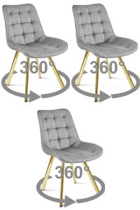3 krzesła SORIA 360° jasnoszare – obrotowe siedziska, welur, na złotych metalowych nogach