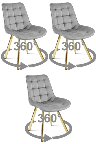 3 krzesła SORIA 360° jasnoszare – obrotowe siedziska, welur, na złotych metalowych nogach