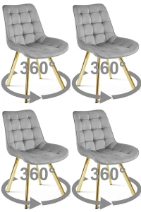 Zestaw 4 krzeseł obrotowych SORIA 360° – jasnoszare, welur, na złotych metalowych nogach