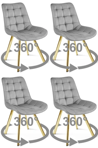 Zestaw 4 krzeseł obrotowych SORIA 360° – jasnoszare, welur, na złotych metalowych nogach