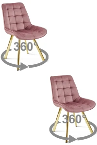 2 krzesła obrotowe SORIA 360° – ciemnoróżowe, welur, na złotych metalowych nogach, do jadalni