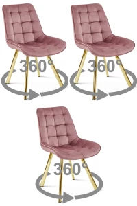 3 krzesła SORIA 360° ciemnoróżowe – obrotowe siedziska, welur, na złotych metalowych nogach