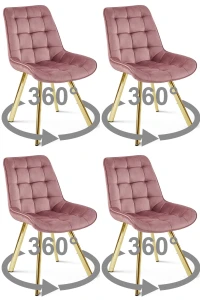 Zestaw 4 krzeseł obrotowych SORIA 360° – ciemnoróżowe, welur, na złotych metalowych nogach