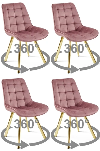 Zestaw 4 krzeseł obrotowych SORIA 360° – ciemnoróżowe, welur, na złotych metalowych nogach