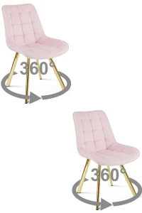 2 krzesła obrotowe SORIA 360° – jasnoróżowe, welur, na złotych metalowych nogach, do jadalni