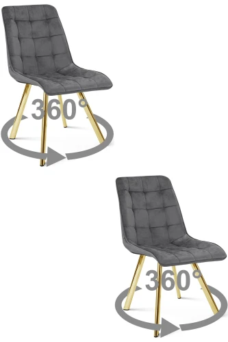 2 krzesła obrotowe CIEZA 360° ciemnoszare – welur, na złotych metalowych nogach, do stołu