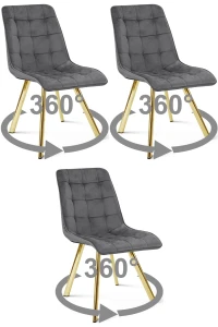 3 krzesła obrotowe CIEZA 360° ciemnoszare – welurowa tapicerka, na złotych metalowych nogach