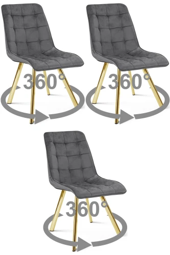 3 krzesła obrotowe CIEZA 360° ciemnoszare – welurowa tapicerka, na złotych metalowych nogach