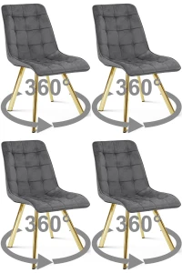 4 krzesła obrotowe CIEZA 360° ciemnoszare – welur, na złotych metalowych nogach, do jadalni