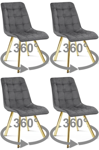 4 krzesła obrotowe CIEZA 360° ciemnoszare – welur, na złotych metalowych nogach, do jadalni