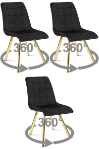 3 krzesła obrotowe CIEZA 360° czarne – welurowa tapicerka, na złotych metalowych nogach