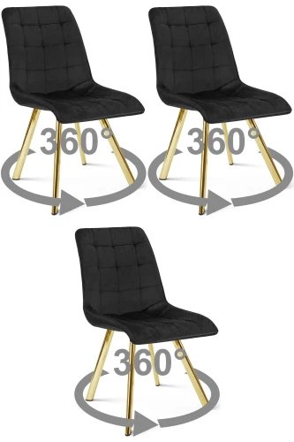 3 krzesła obrotowe CIEZA 360° czarne – welurowa tapicerka, na złotych metalowych nogach