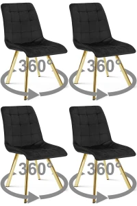 4 krzesła obrotowe CIEZA 360° czarne – welur, na złotych metalowych nogach, do jadalni