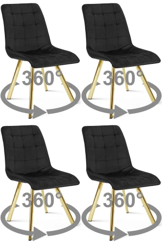 4 krzesła obrotowe CIEZA 360° czarne – welur, na złotych metalowych nogach, do jadalni