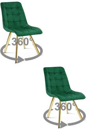 2 krzesła obrotowe CIEZA 360° zielone – welur, na złotych metalowych nogach, do stołu