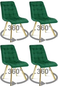 4 krzesła obrotowe CIEZA 360° zielone – welur, na złotych metalowych nogach, do jadalni