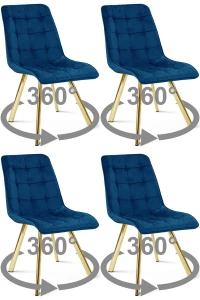 4 krzesła obrotowe CIEZA 360° granatowe – welur, na złotych metalowych nogach, do jadalni
