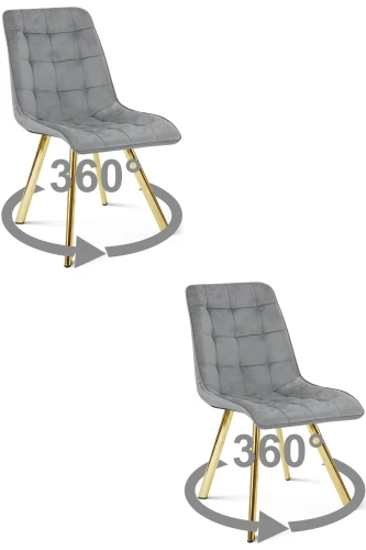 2 krzesła obrotowe CIEZA 360° jasnoszare – welur, na złotych metalowych nogach, do stołu