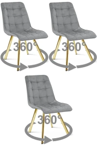 3 krzesła obrotowe CIEZA 360° jasnoszare – welurowa tapicerka, na złotych metalowych nogach